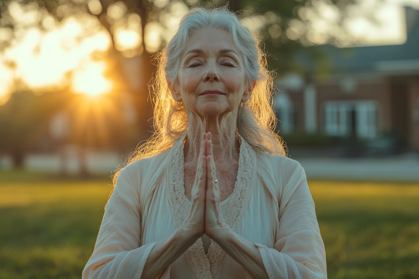 Старша жінка практикує дихальну йогу