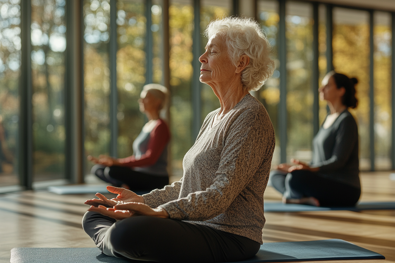 Група старших людей практикує дихальну йогу